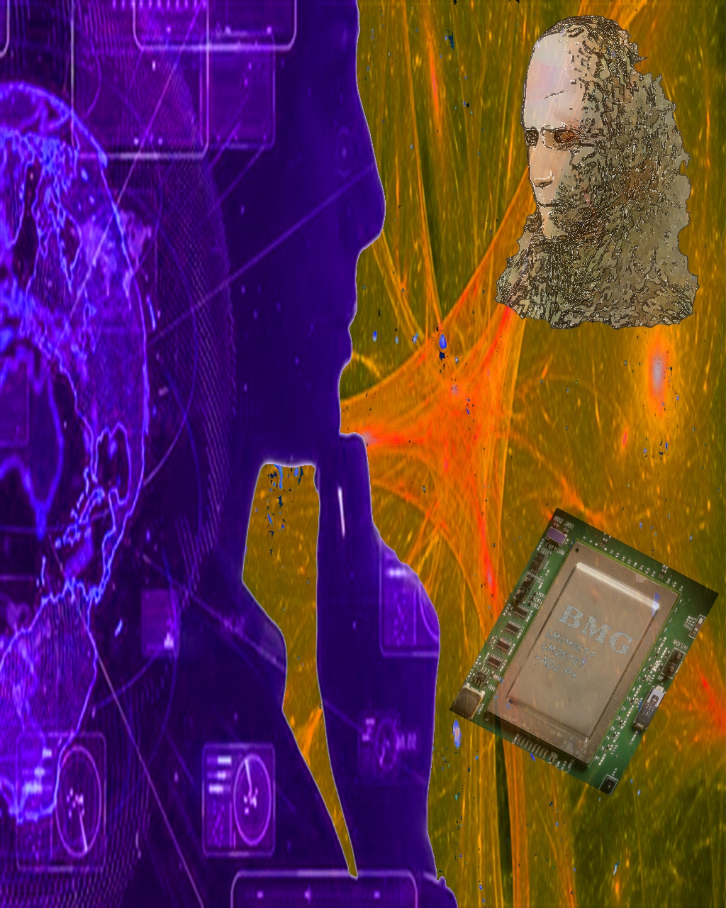 Figure facing right lit with screens, hand on chin, looking at a computer chip and a virtual head against a network of neurons.